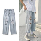 Hearujoy Light Blue Hole Jeans for Men Summer Fashion Casual Trousers Thin Loose Pants Bottoms Vintage Male Cloting Streetwear Plus Size